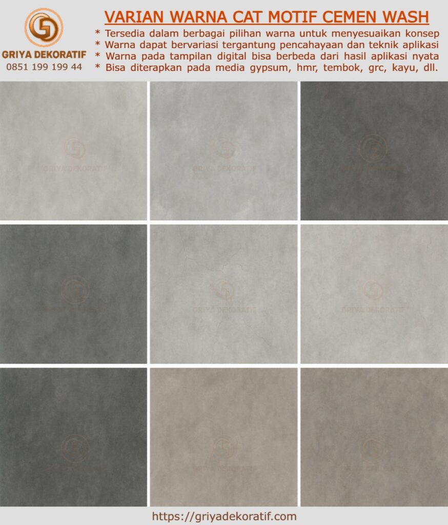 Contoh motif Cement Wash dekoratif dalam berbagai varian warna abu-abu semen