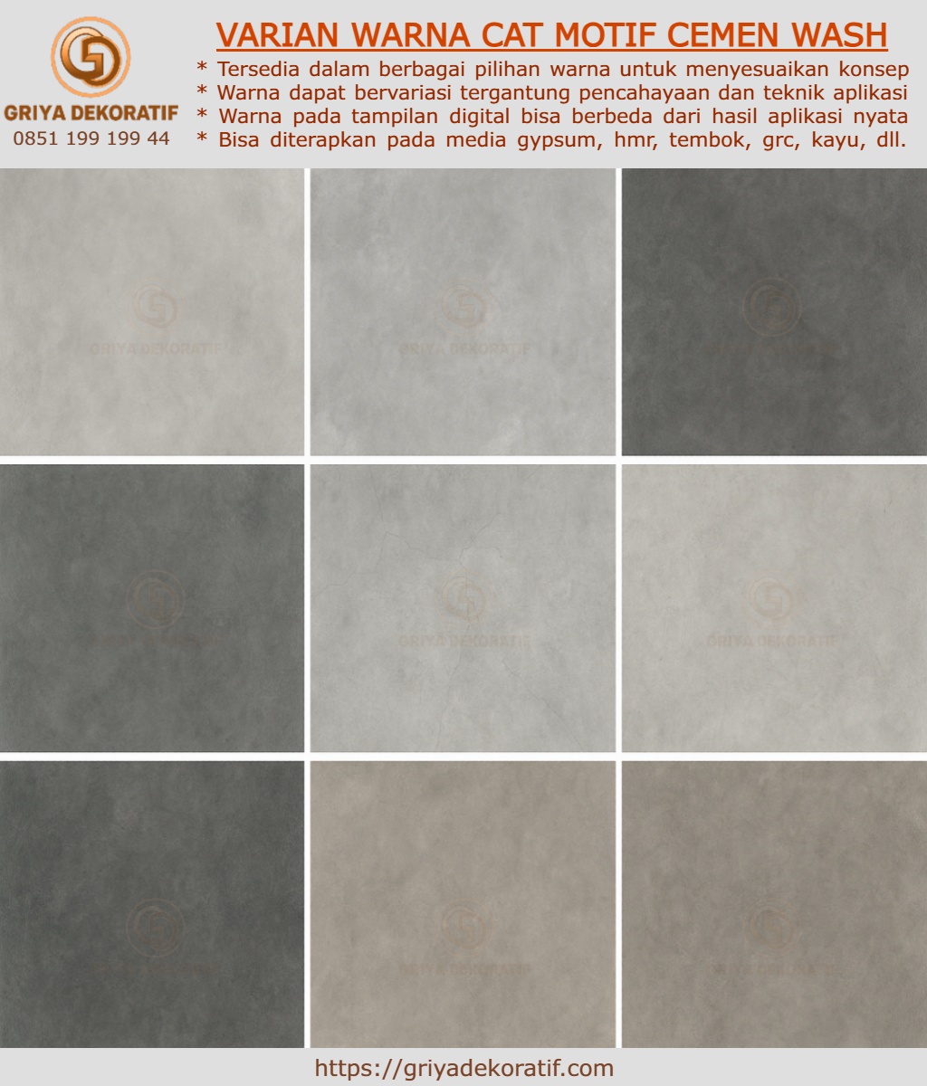 Contoh motif Cement Wash dekoratif dalam berbagai varian warna abu-abu semen
