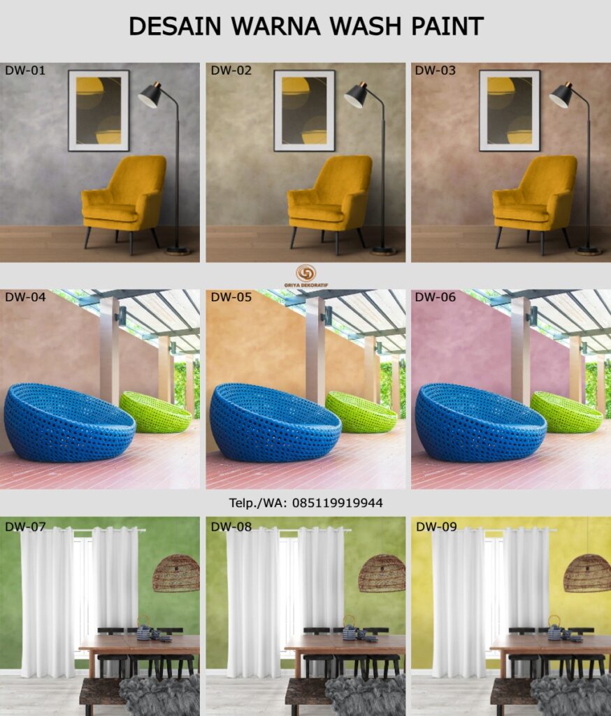 Beberapa contoh gambar cat dekoratif wash paint dengan berbagai macam warna yang dapat dipilih. Selain itu juga pilihan warna wash paint ini bisa custom