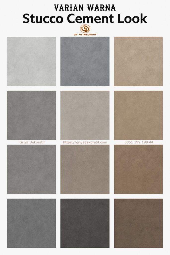 Banyak variasi warna stucco cement look pada gambar ini yang dapat menjadi inspirasi bagi para pelanggan.