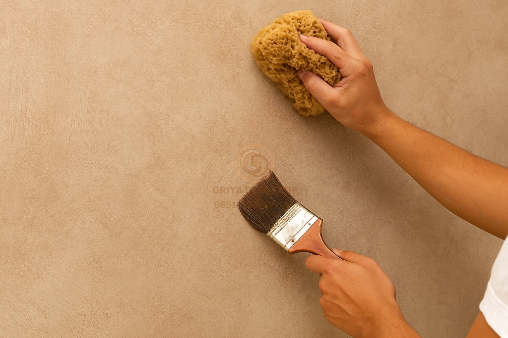 wash paint teknik kombinasi menghasilkan variasi tekstur dekoratif pada dinding.