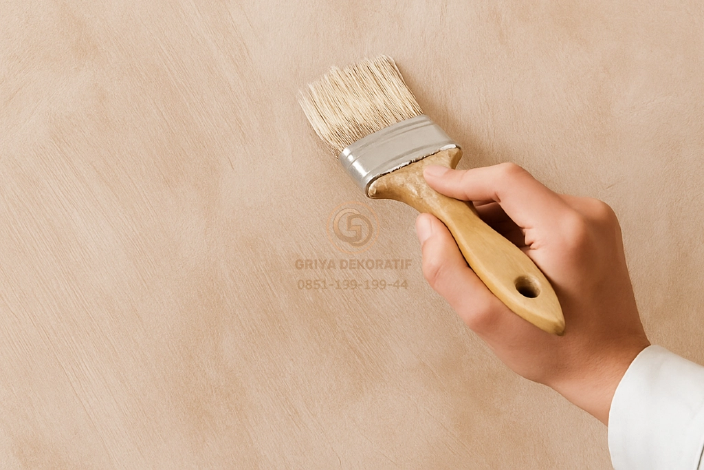 Hasil aplikasi wash paint dengan teknik kuas brushing pada dinding interior bergaya