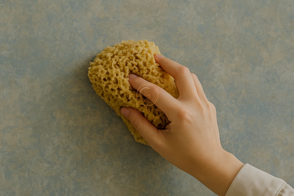 Wash paint teknik spons pada dinding interior dengan efek gradasi natural