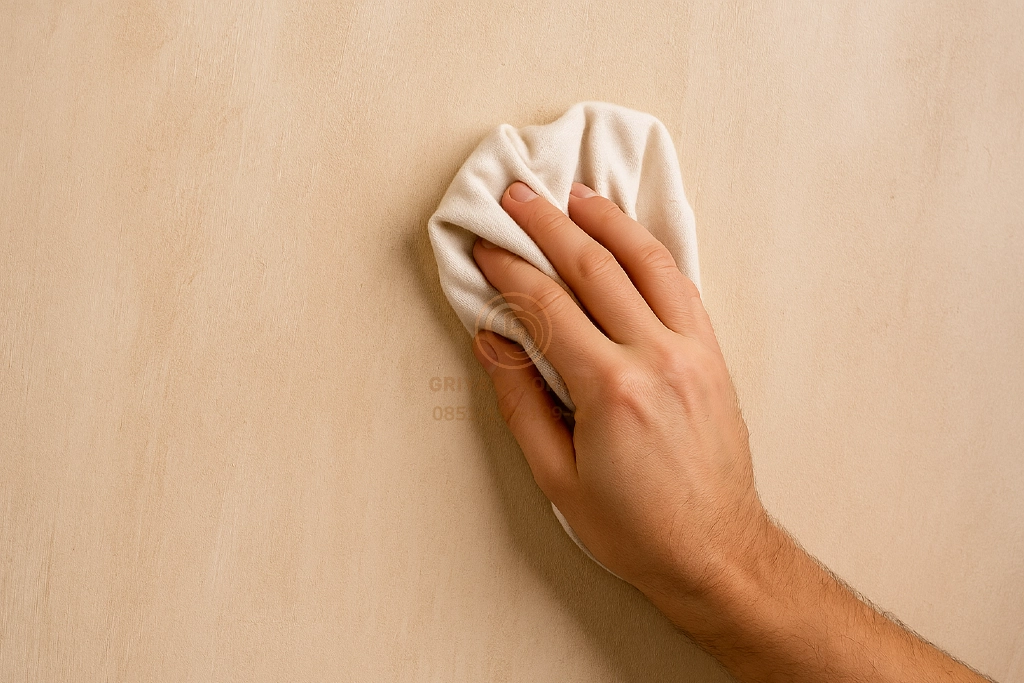 Aplikasi cat dekoratif wash paint dengan metode wiping menggunakan kain.