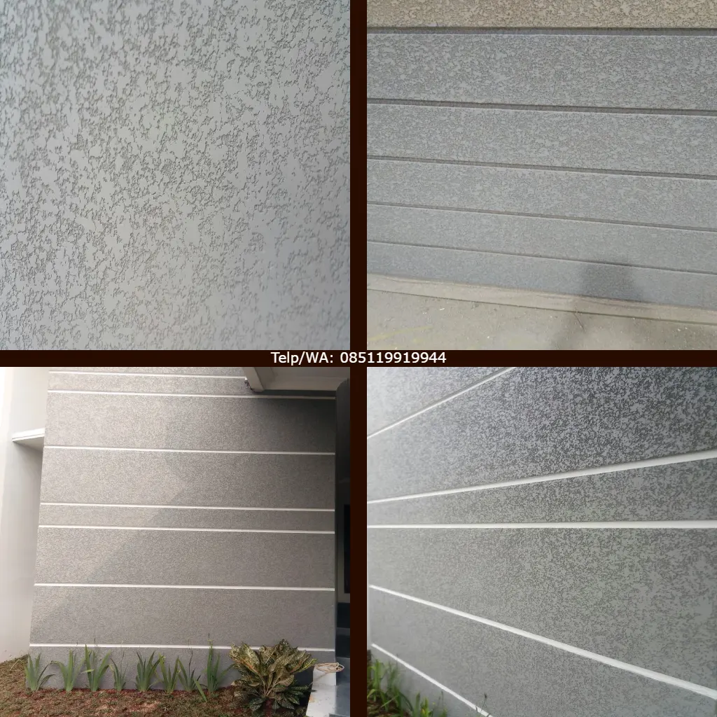 Dinding pagar rumah dengan hasil cat tekstur gosok knock down warna abu-abu halus